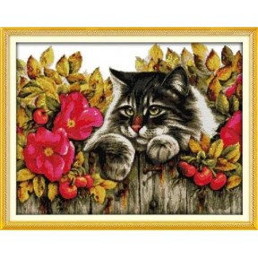 Кот в цветах Набор для вышивания крестом с печатной схемой на ткани Joy Sunday D501