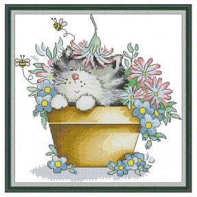 Котенок в цветах Набор для вышивания крестиком с печатной схемой на ткани Joy Sunday DA766