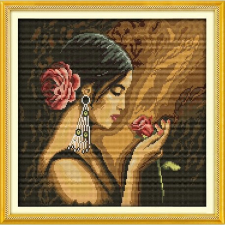 Дівчина з трояндою Набір для вишивання хрестиком з друкованою