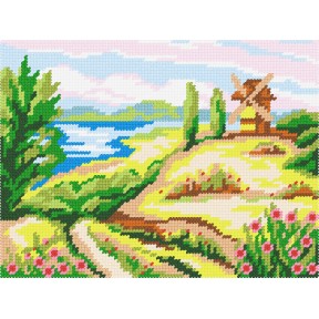 Пейзаж «Млин у полі» Набір для вишивання по канві з малюнком Quick Tapestry TH-09