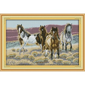 Четыре лошади  Набор для вышивания крестом с печатной схемой на ткани Joy Sunday D496