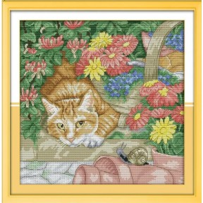 Кошка и улитка Набор для вышивания крестом с печатной схемой на ткани Joy Sunday D341
