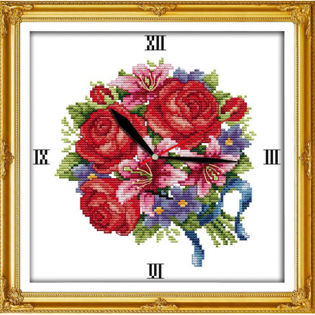 Часы. Букет розы и лилии Набор для вышивания крестом с печатью