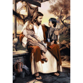 Иисус с детьми Электронная схема для вышивания крестиком СХ-110НО