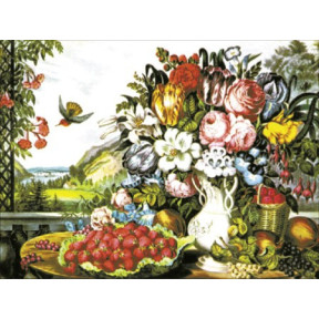 Натюрморт «Квіти та фрукти» Тканина для вишивання з нанесеним малюнком Orchidea O-029