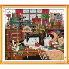 Кіт та швейна машинка Набір для вишивання хрестиком з друкованою схемою на тканині Joy Sunday D651